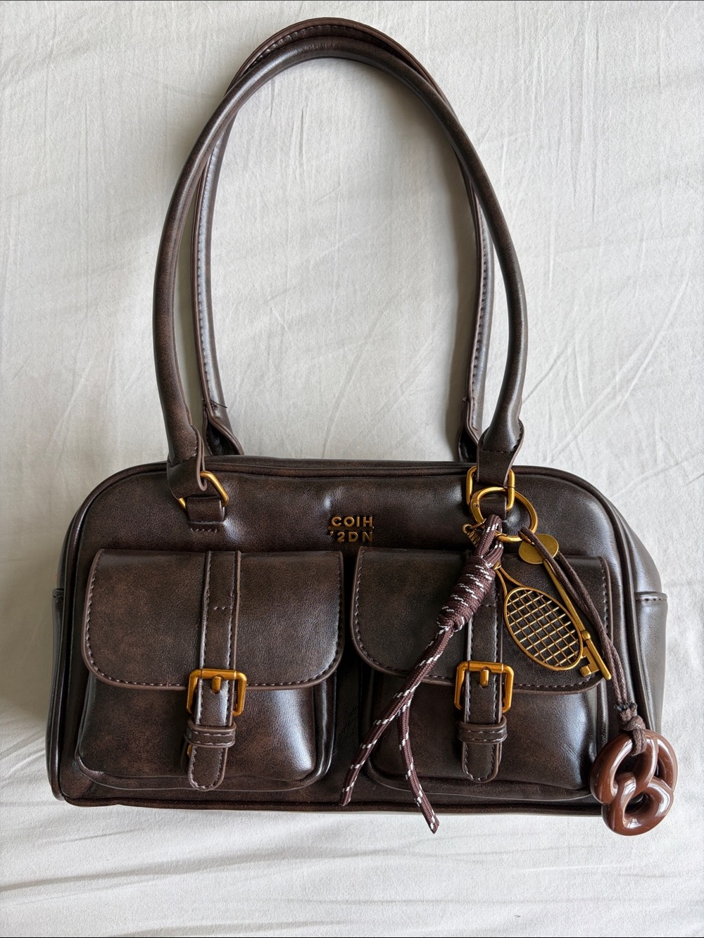 Dark Brown Faux Leather Shoulder Bag with Front Pockets & Cute Bag Charm